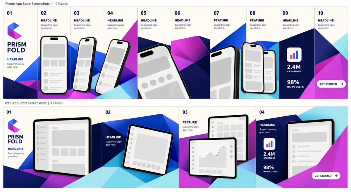 The Prism Fold concept board across its iPhone and iPad panels